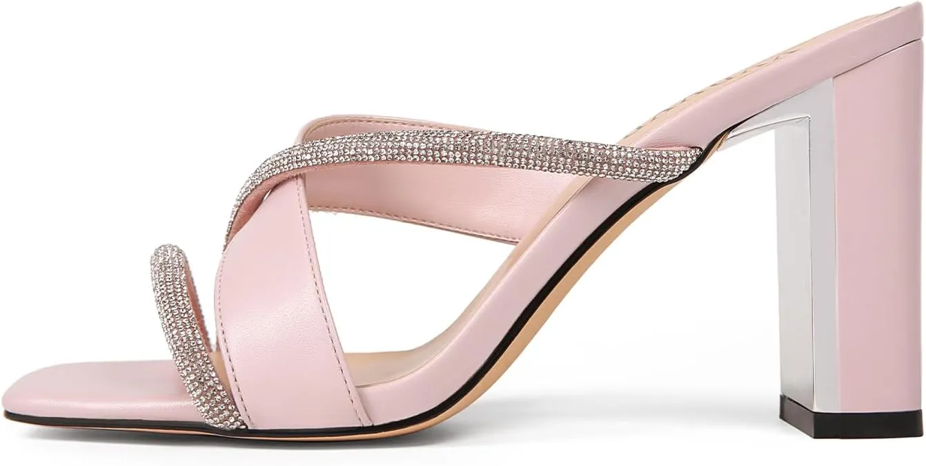 Women's Rhinestone Chunky Heels Square Open Toe Slip On Mules Summer Wedding Party Dress Shoes