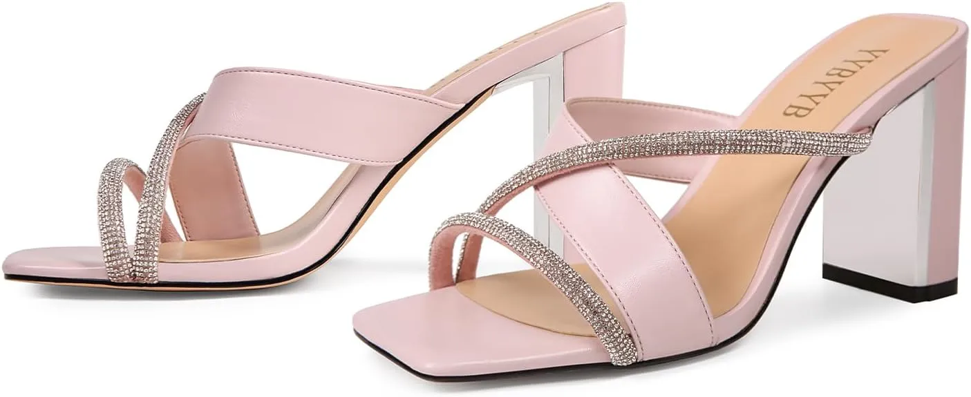 Women's Rhinestone Chunky Heels Square Open Toe Slip On Mules Summer Wedding Party Dress Shoes