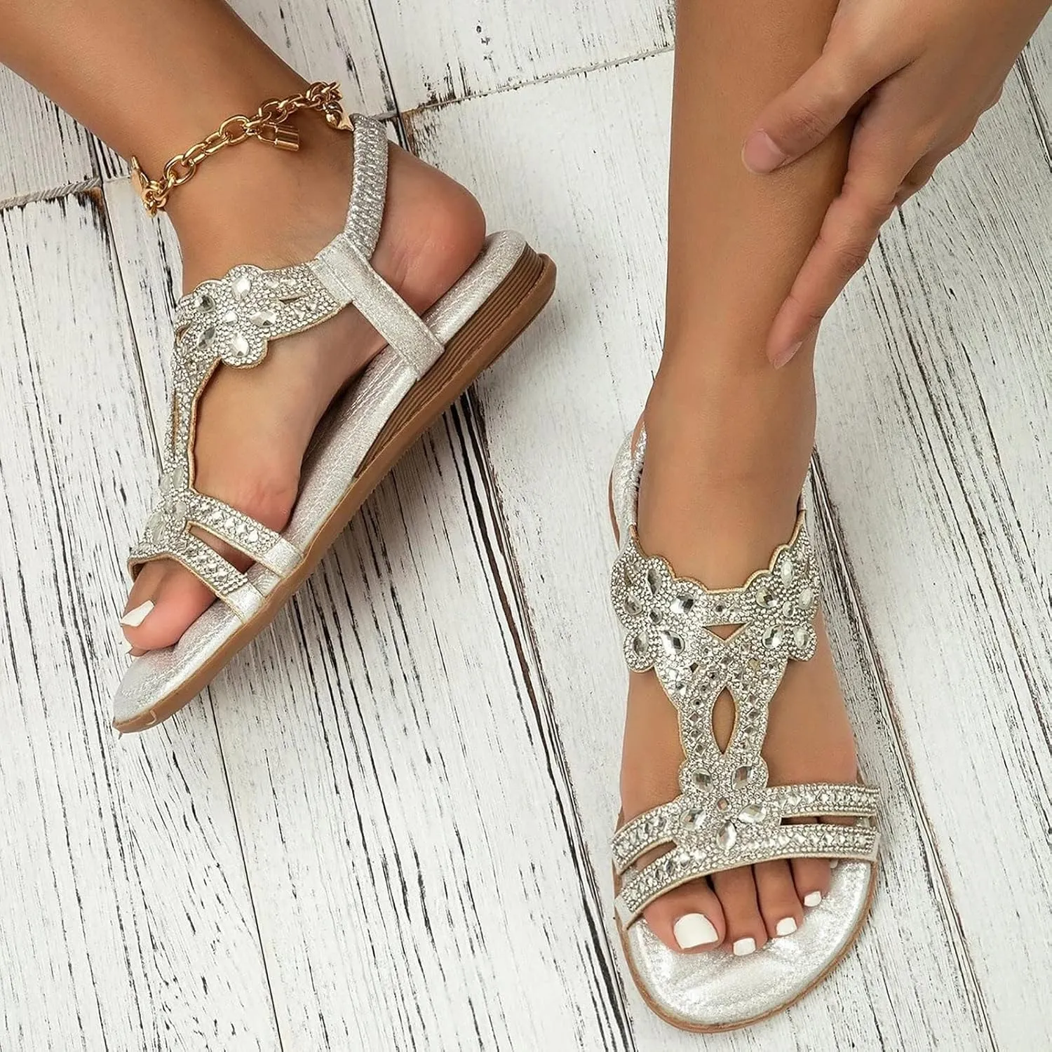 Womens Rhinestone Sandals T-Strap Buckle Ankle Elastic Bohemian Pearl Crystal Flat Sandals Dressy Summer Casual Beach Shoes
