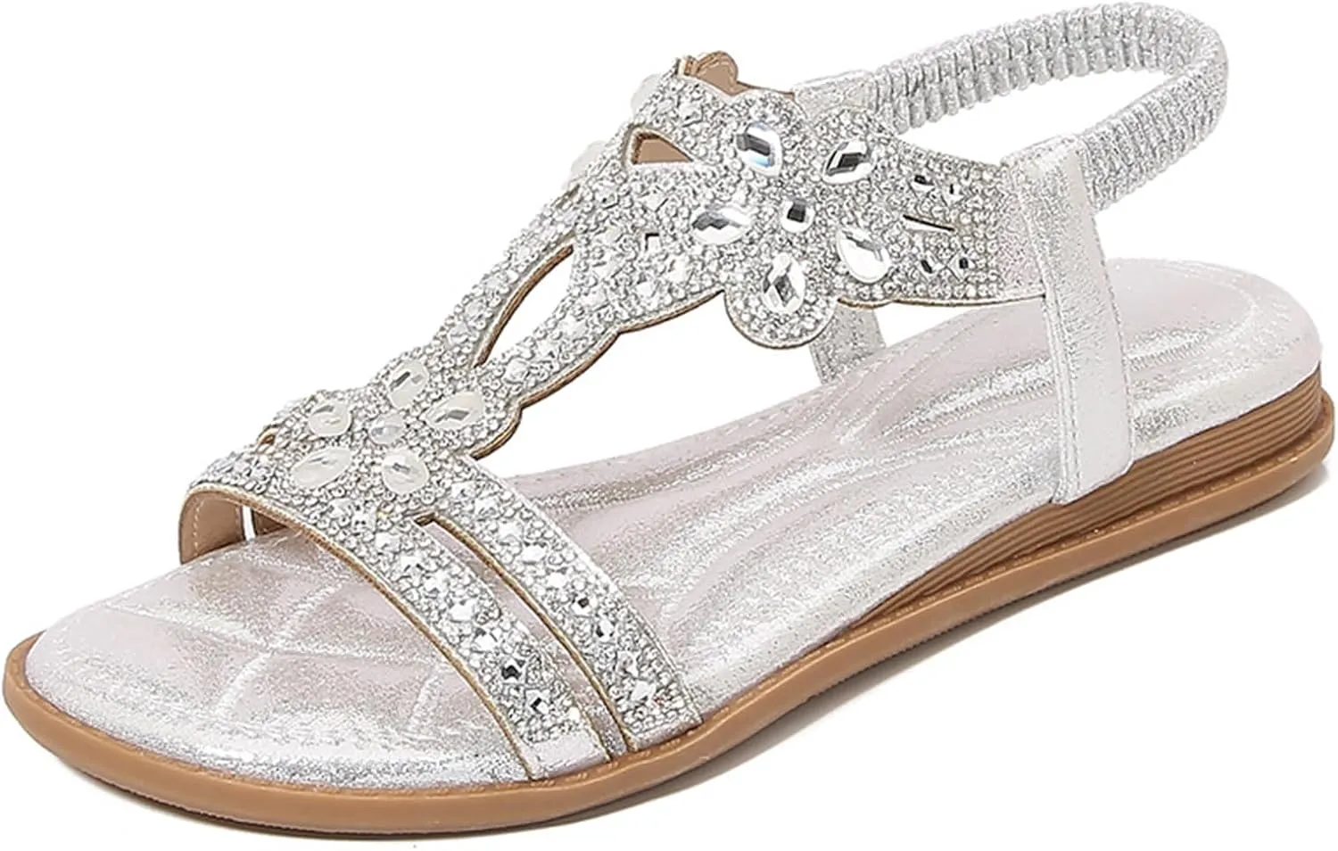 Womens Rhinestone Sandals T-Strap Buckle Ankle Elastic Bohemian Pearl Crystal Flat Sandals Dressy Summer Casual Beach Shoes