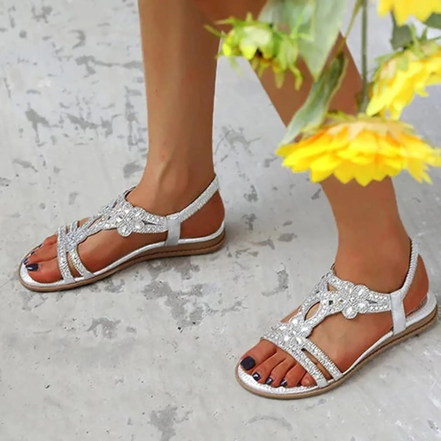 Womens Rhinestone Sandals T-Strap Buckle Ankle Elastic Bohemian Pearl Crystal Flat Sandals Dressy Summer Casual Beach Shoes