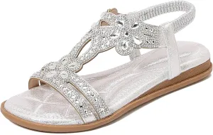 Womens Rhinestone Sandals T-Strap Buckle Ankle Elastic Bohemian Pearl Crystal Flat Sandals Dressy Summer Casual Beach Shoes
