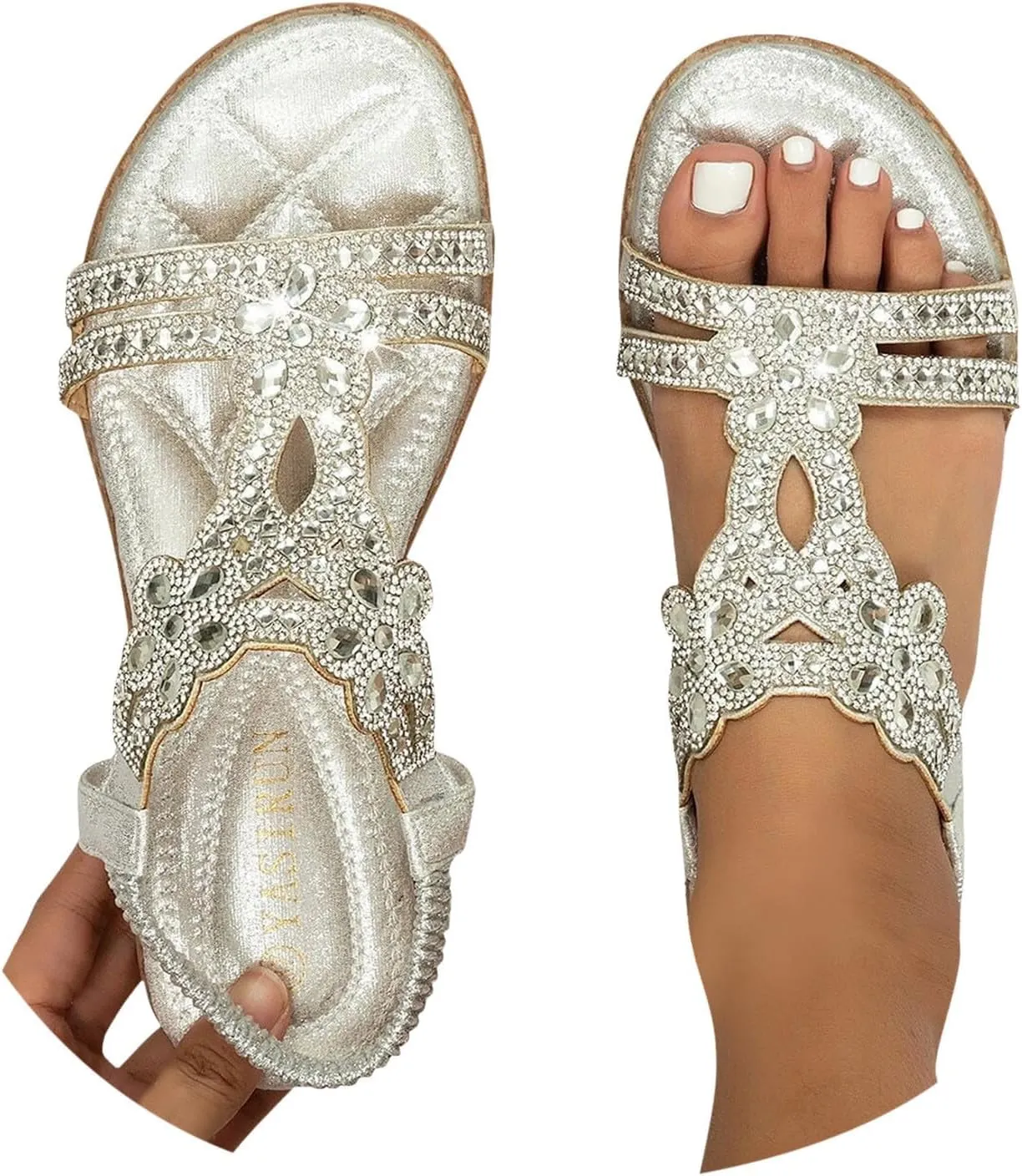 Womens Rhinestone Sandals T-Strap Buckle Ankle Elastic Bohemian Pearl Crystal Flat Sandals Dressy Summer Casual Beach Shoes
