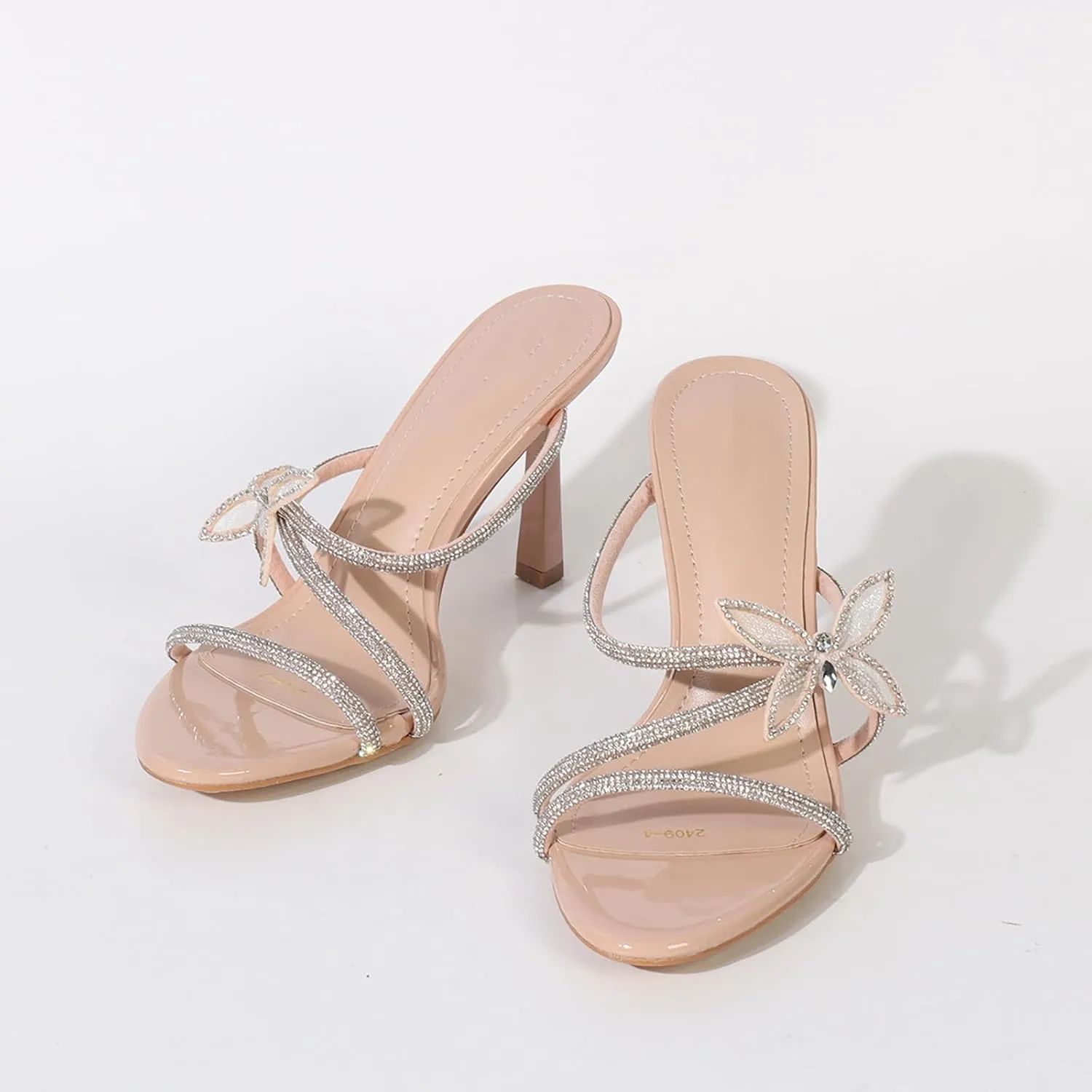 Women's Rhinestone Strappy Stiletto Slide Sandals Fashion Butterfly Decoration Slip-On Round Open Toe High Heels Summer Wedding Prom Dresses Mule Sandals