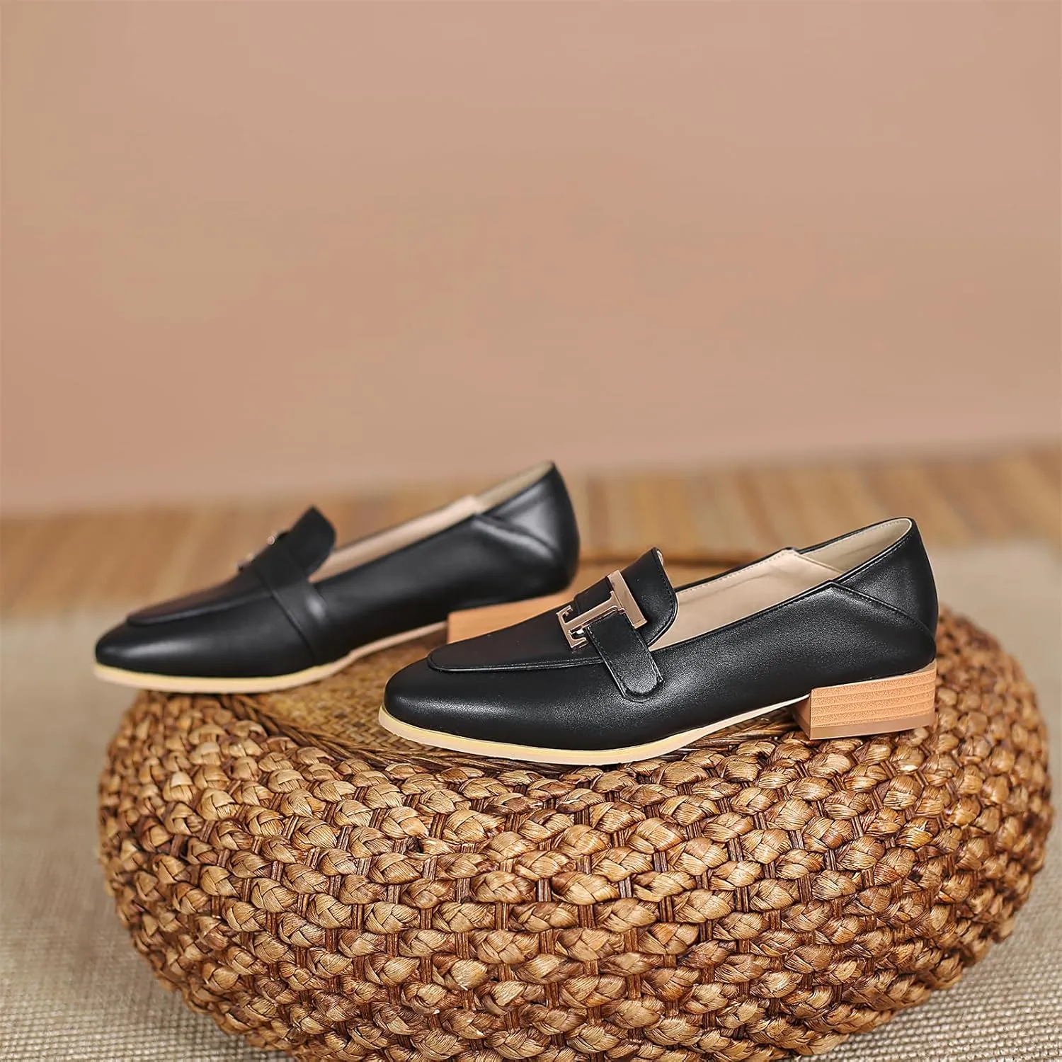 Women's Round Closed Toe Pump Loafers Pull-On Chunky Low Heel Metallic Classic Western Student Work Office Dress Casual Shoes Comfort Business Party Dating Shopping Daily Wear Pumps