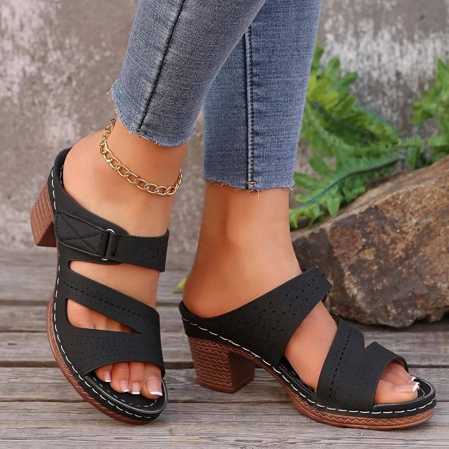 Women's Sandal Heels,Two Strap Open Toe Platform Slip-on Chunky Heels Sandals For Women Comfortable Walking Casual Dressy Summer Mules Shoes