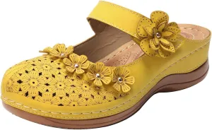 Womens Sandals 2023 Summer Fashion Hollow Flowers Rounde Toe Closed Toe Slipper Comfortable Wedge Sandals with Arch Support Ladies Vintage Shoes