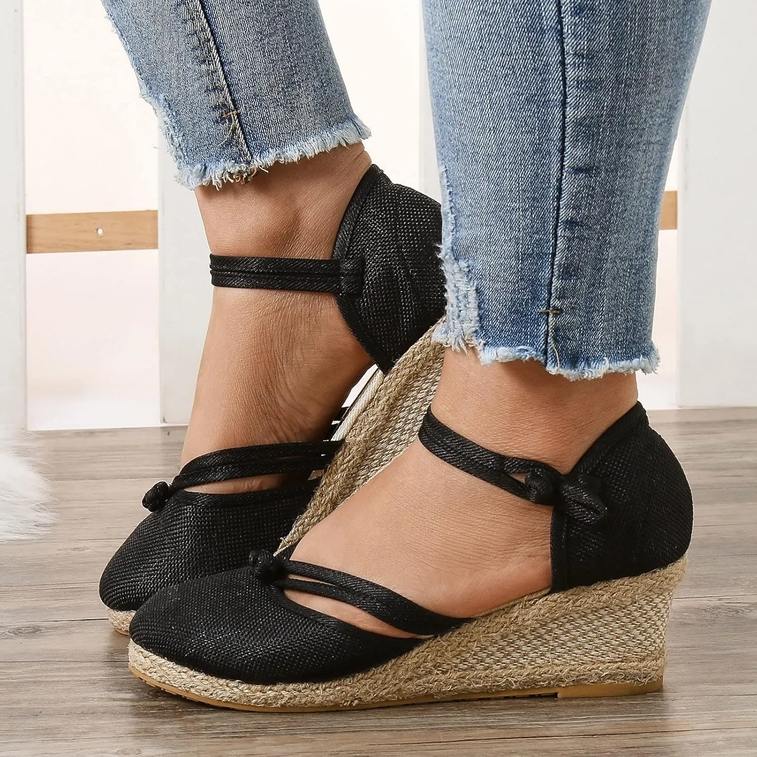 Womens Sandals Closed Toe Linen Wedge Sandals Buckle Ankle Strap Platform Comfortable Breathable Beach Sandals