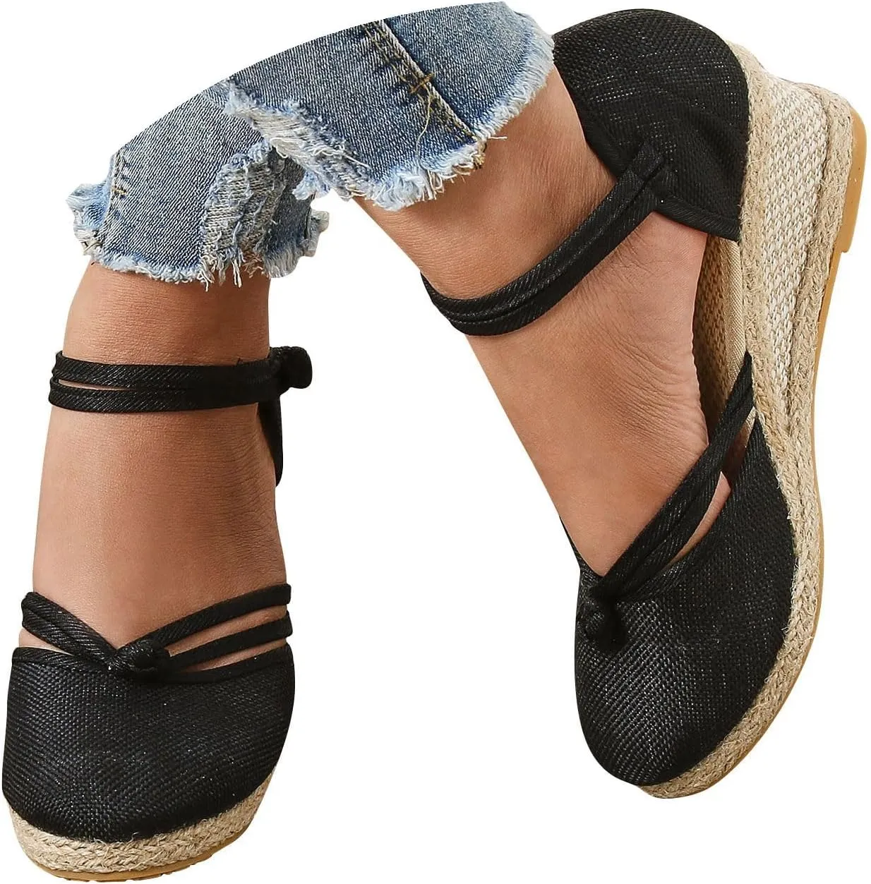 Womens Sandals Closed Toe Linen Wedge Sandals Buckle Ankle Strap Platform Comfortable Breathable Beach Sandals