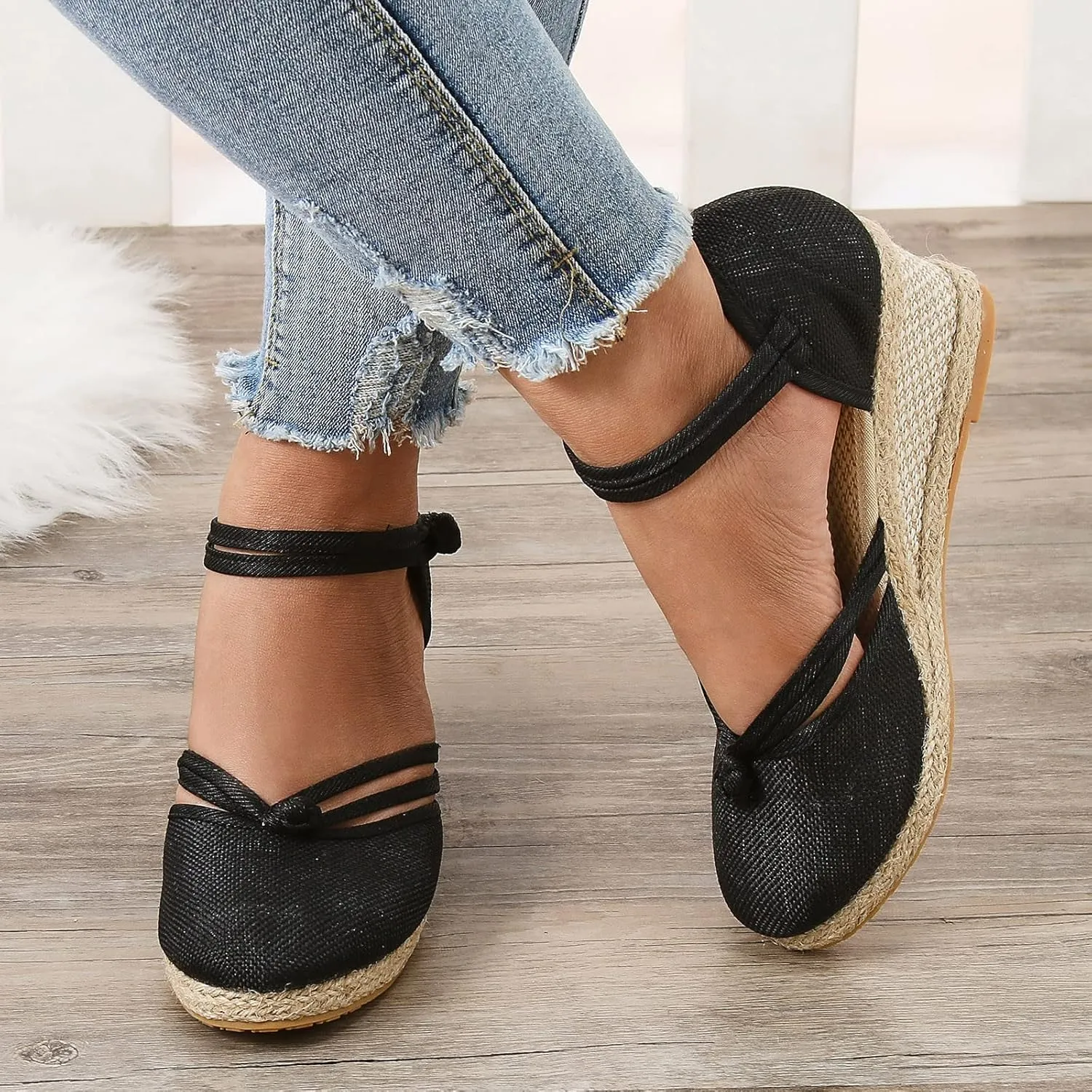 Womens Sandals Closed Toe Linen Wedge Sandals Buckle Ankle Strap Platform Comfortable Breathable Beach Sandals
