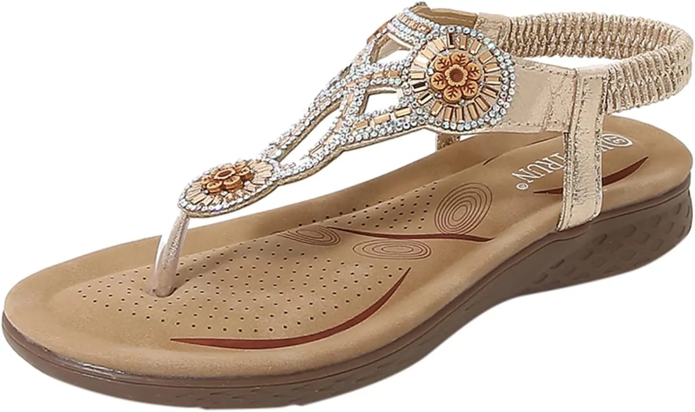 Womens Sandals Elastic Ankle Strap Sandals Casual Summer Flowers Sequins Bohemia Dress Shoes Slip On Beach Shoes