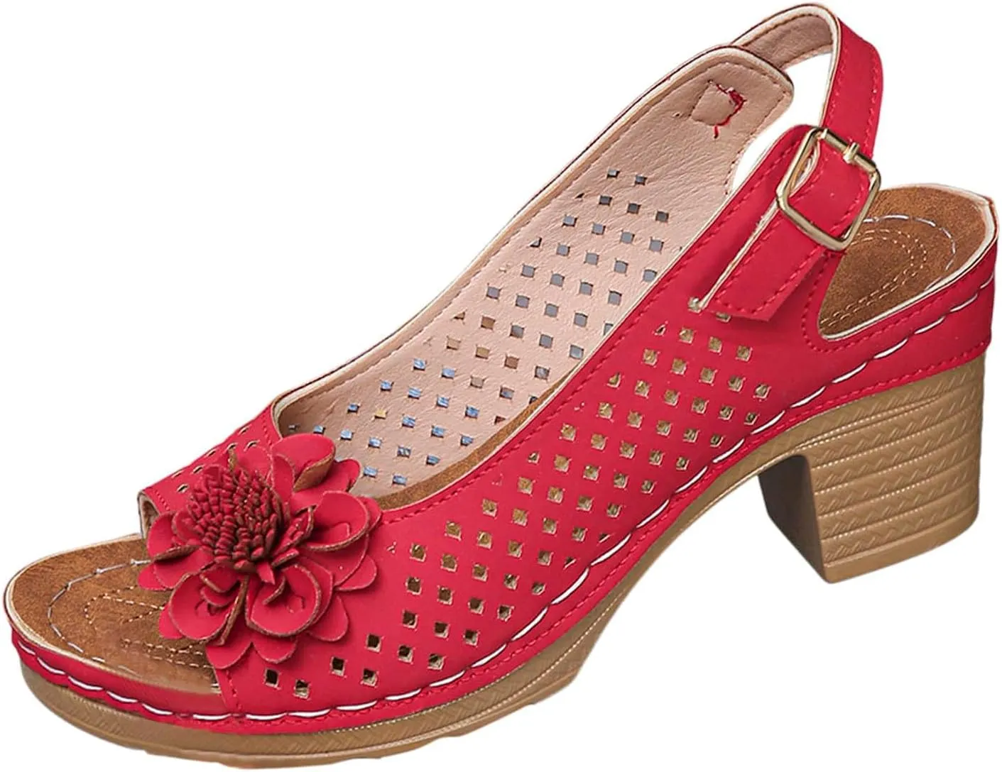 Womens Sandals Hollow Out Flower Decoration Chunky Heel Wedge Sandal Classic Casual Shoes Beach Vacation Walking Shoes Open Toe Sandal with Adjustable Hoop and Loop