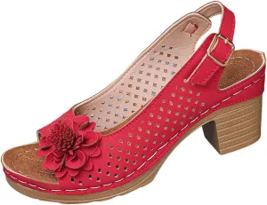 Womens Sandals Hollow Out Flower Decoration Chunky Heel Wedge Sandal Classic Casual Shoes Beach Vacation Walking Shoes Open Toe Sandal with Adjustable Hoop and Loop