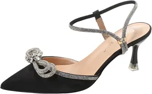 Women's Satin Bow Rhinestone Kitten Heel Pumps Closed Pointed Toe Adjustable Ankle Strap Mid Heel Mule Shoes Sexy Bridal Wedding Party Dress Sandals