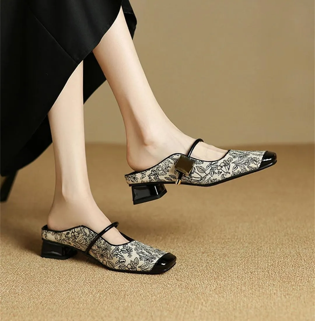 Women’S Sexy Sequins Glitter Embroidered Closed Toe Microfiber Leather Pull On Mules for Daily Shopping and Walking
