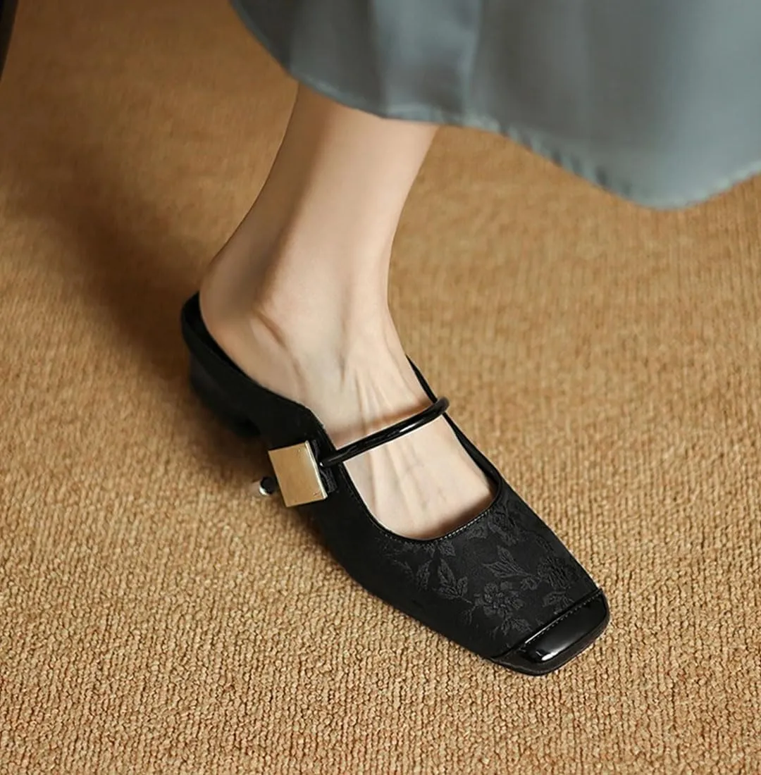 Women’S Sexy Sequins Glitter Embroidered Closed Toe Microfiber Leather Pull On Mules for Daily Shopping and Walking
