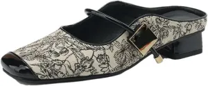 Women’S Sexy Sequins Glitter Embroidered Closed Toe Microfiber Leather Pull On Mules for Daily Shopping and Walking