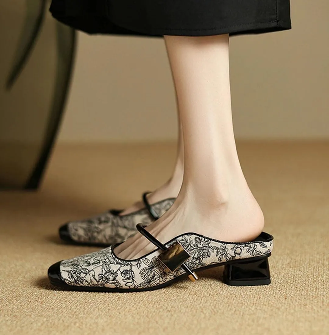 Women’S Sexy Sequins Glitter Embroidered Closed Toe Microfiber Leather Pull On Mules for Daily Shopping and Walking