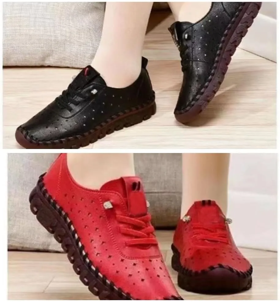 Women's Slip-On Flat Loafers Soft Bottom Breathable Hollow Lace-Up Mom Casual Walking Shoes Women's Ultra-Comfy Breathable Sneakers