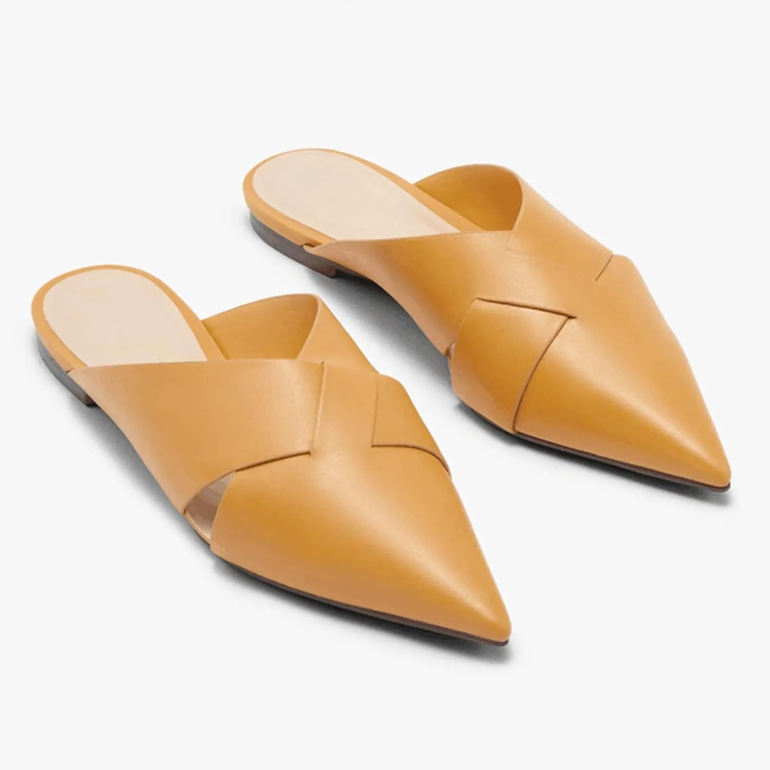 Women's Slip On Flat Mules Closed Pointed Toe Cut Out Comfortable Cross Strap Backless Loafer Shoes