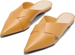 Women's Slip On Flat Mules Closed Pointed Toe Cut Out Comfortable Cross Strap Backless Loafer Shoes