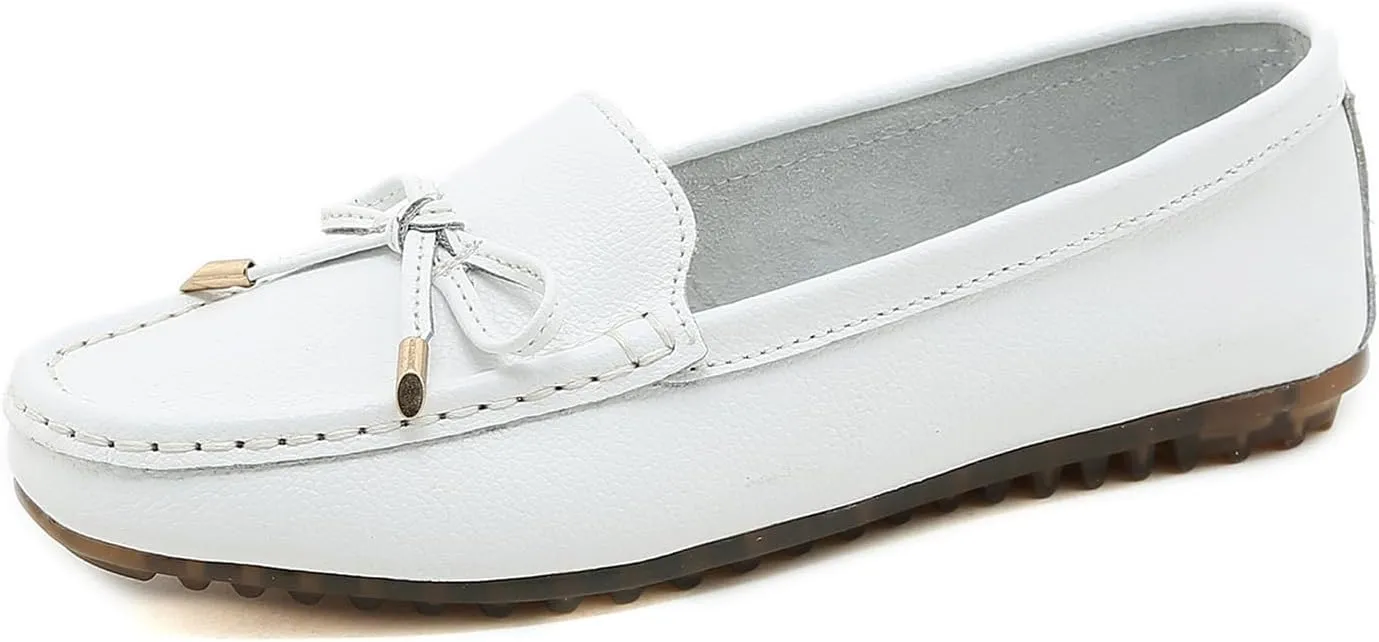 Women's Slip on Leather Driving Moccasins Soft Dress Loafers Flats Shoes with Bowknot