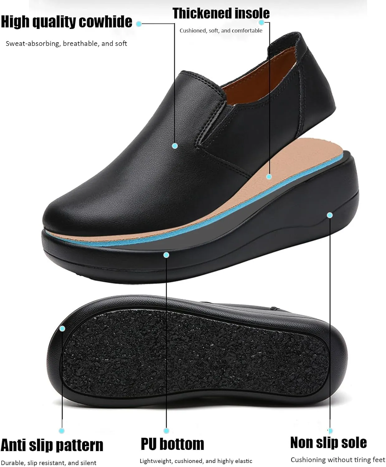 Women's Slip On Loafer Leather Comfort Casual Platform Shoes Non-Slip Platform Wedge Sneakers Comfort Lightweight Soft Sole Low Top Walking Shoes Work Nurse Shoes