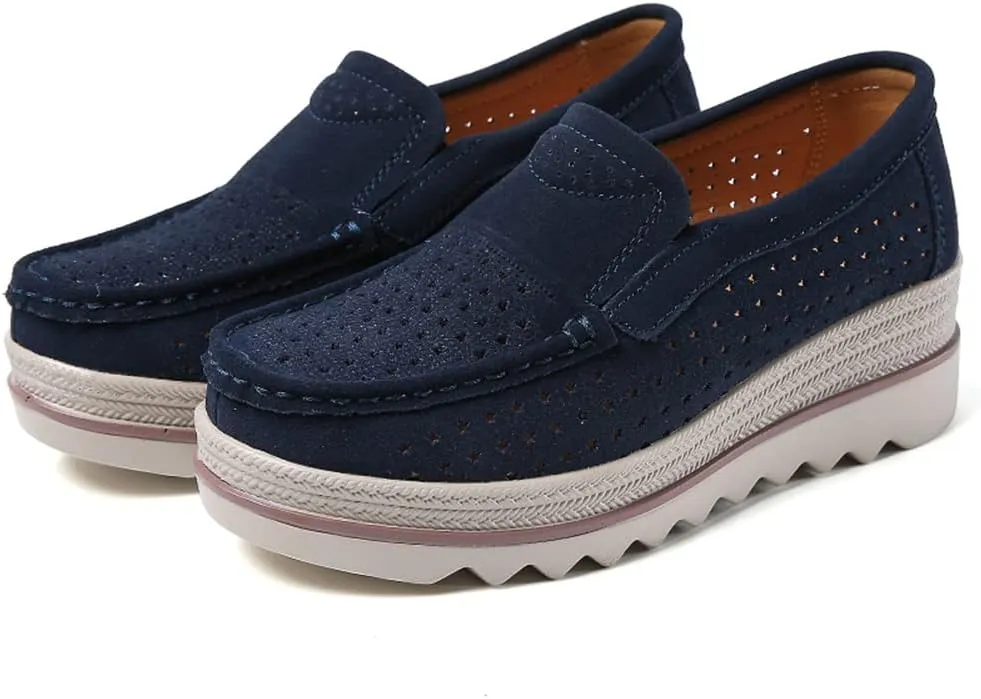 Women's Slip On Platform Shoes Comfort Suede Moccasins Low Top Wedge Loafers