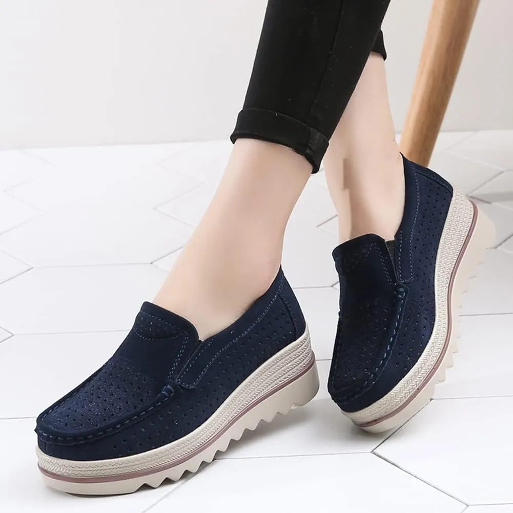 Women's Slip On Platform Shoes Comfort Suede Moccasins Low Top Wedge Loafers