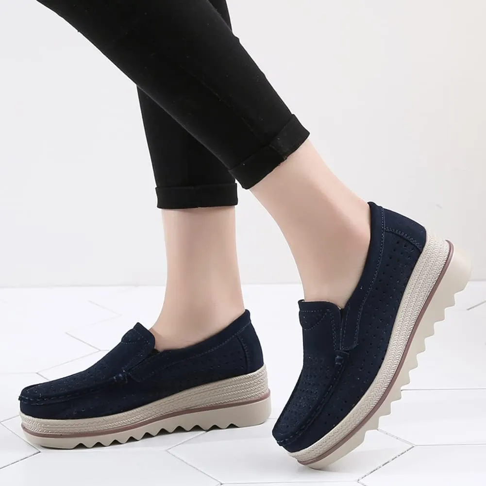 Women's Slip On Platform Shoes Comfort Suede Moccasins Low Top Wedge Loafers