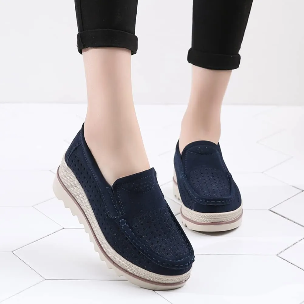 Women's Slip On Platform Shoes Comfort Suede Moccasins Low Top Wedge Loafers