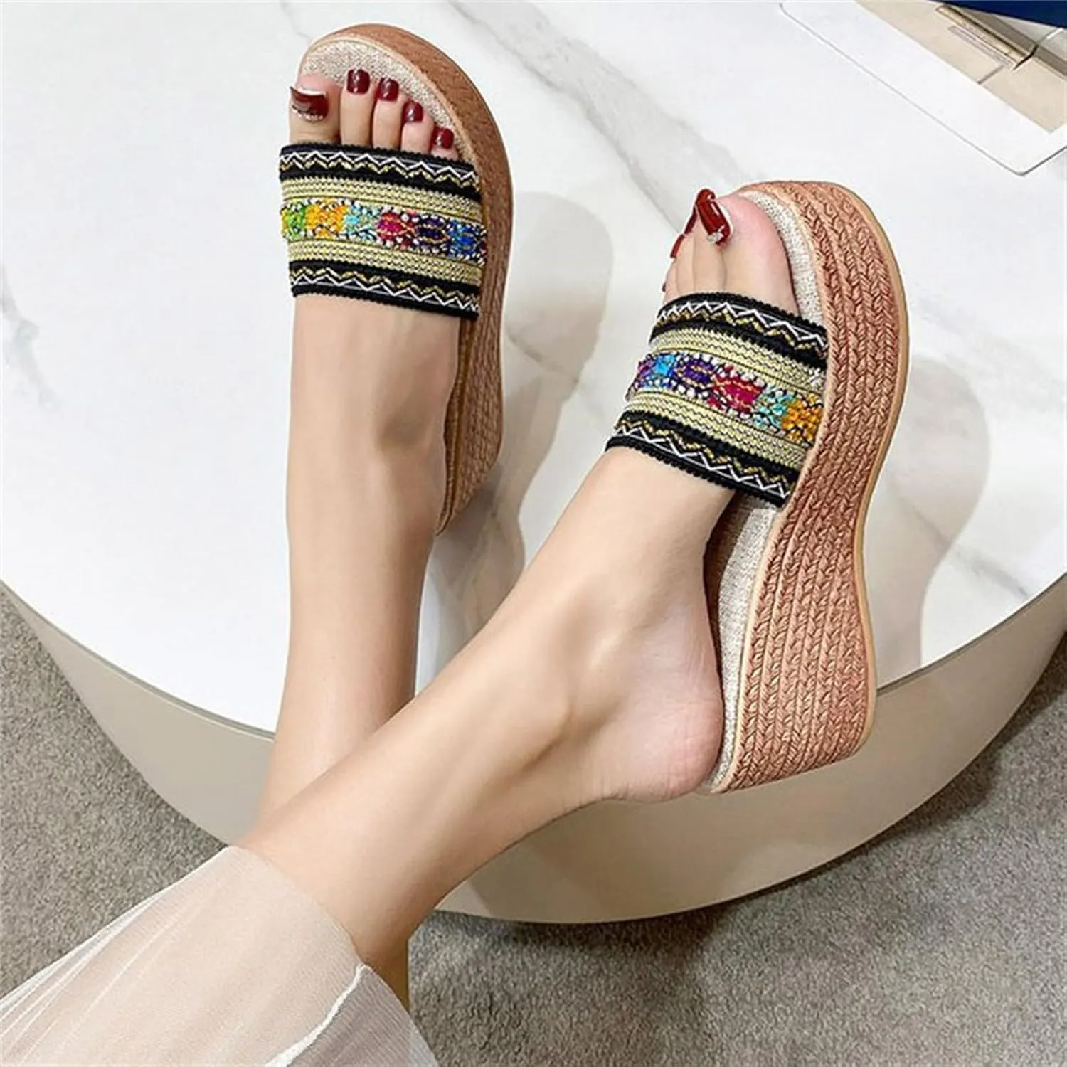 Women's Slippers Colorful Ribbon One Line Open Toe Platform Wedge Heel Thick Sole Knee High Slipper Socks for Women s