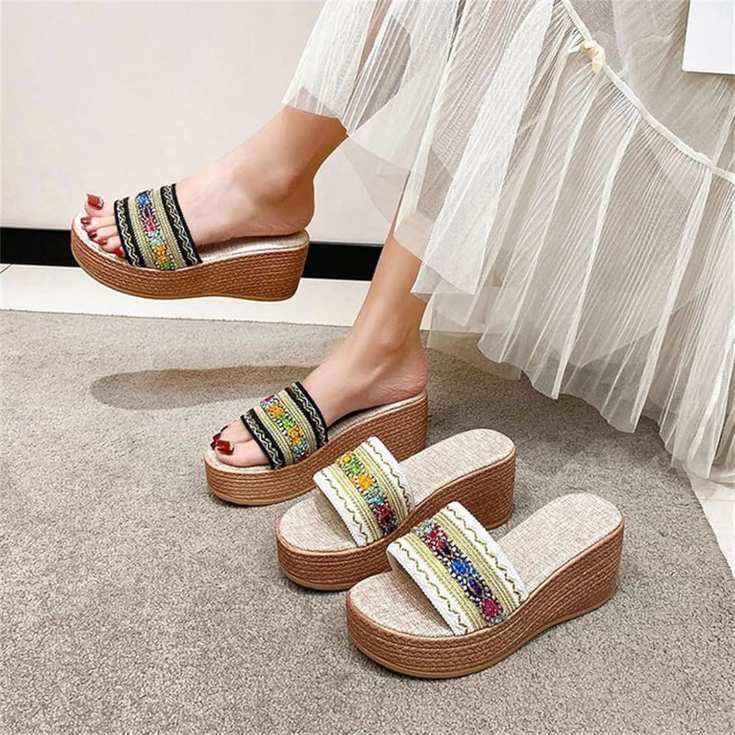 Women's Slippers Colorful Ribbon One Line Open Toe Platform Wedge Heel Thick Sole Knee High Slipper Socks for Women s