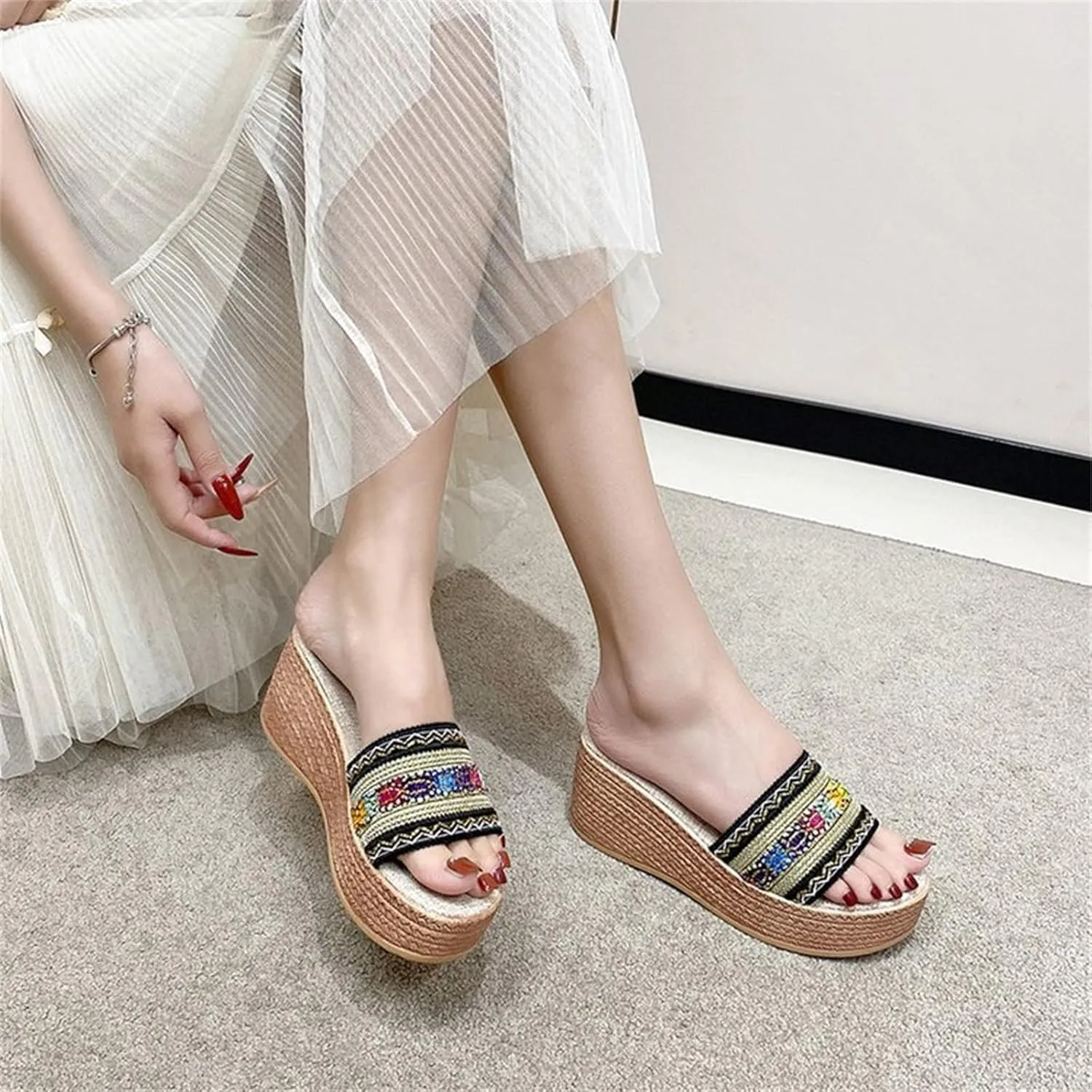 Women's Slippers Colorful Ribbon One Line Open Toe Platform Wedge Heel Thick Sole Knee High Slipper Socks for Women s