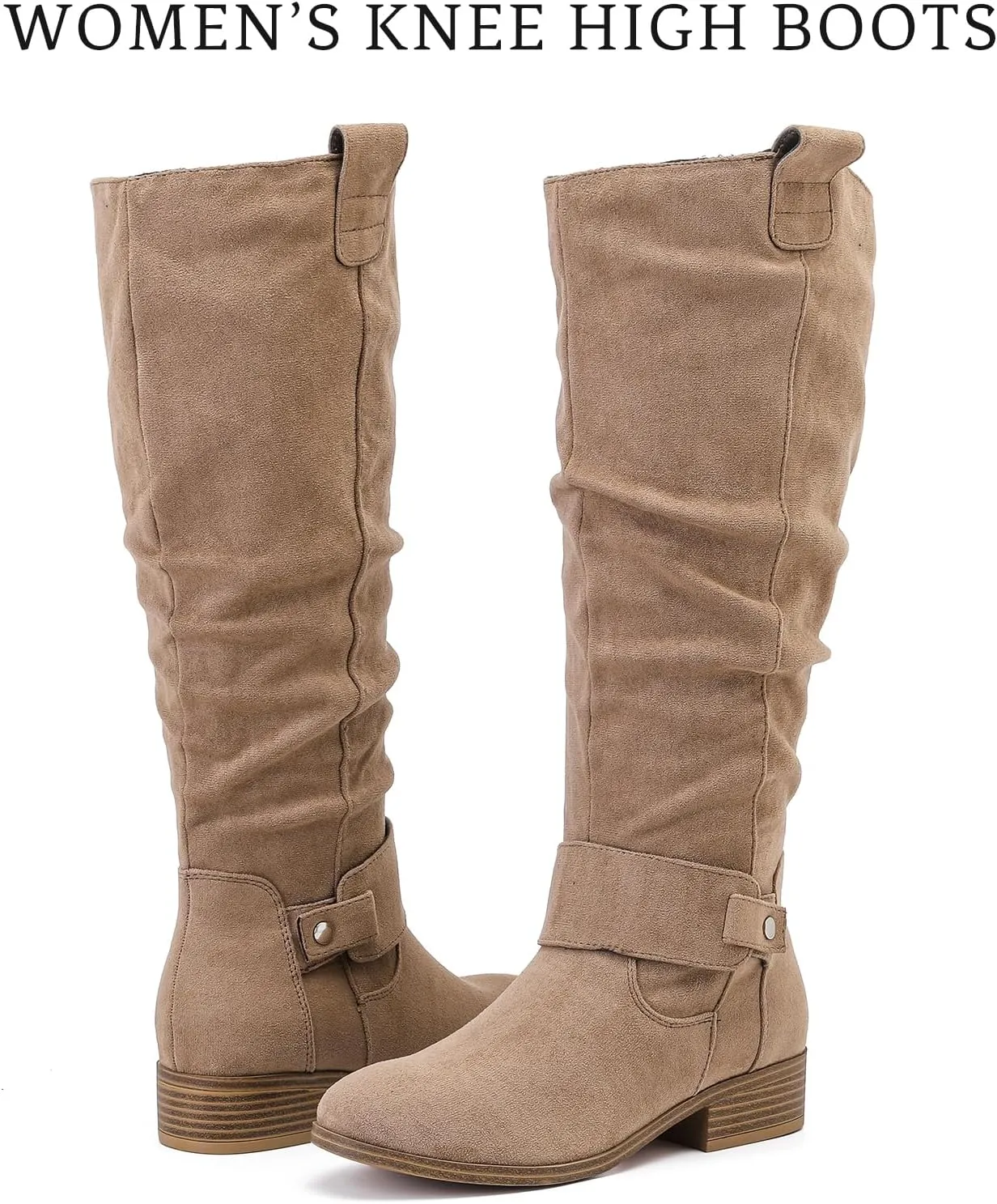Women's Slouchy Knee High Boots, Comfortable and Fashionable Round Toe Riding Combat Boots for Fall and Winter Wear for Women.