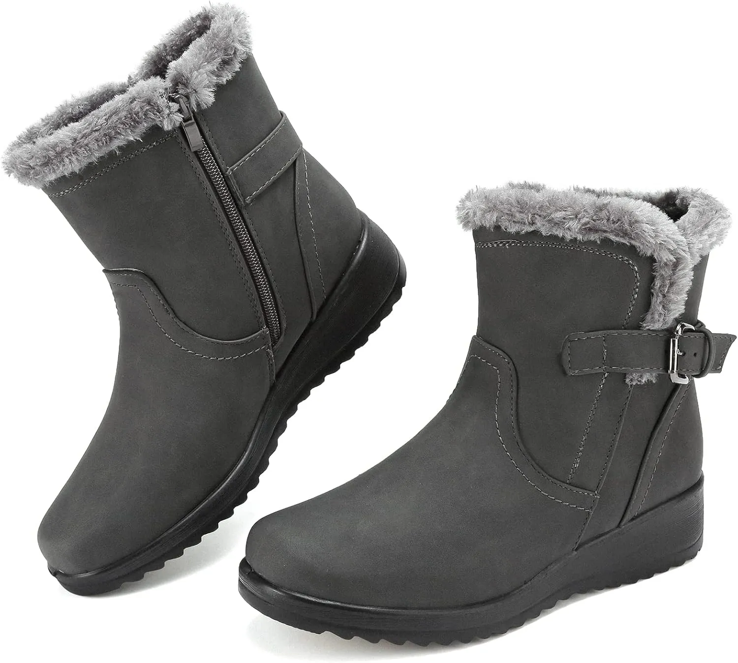 Womens Snow Boots with Zipper Waterproof Leather Fur Lined Winter Warm Boots for Women Comfortable Platform Fashion Ankle Booties