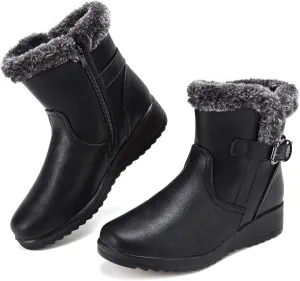 Womens Snow Boots with Zipper Waterproof Leather Fur Lined Winter Warm Boots for Women Comfortable Platform Fashion Ankle Booties