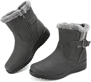 Womens Snow Boots with Zipper Waterproof Leather Fur Lined Winter Warm Boots for Women Comfortable Platform Fashion Ankle Booties
