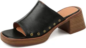 Women'S Soft Leather Open Toe Chunky Block Heel Sandals,Slip-On Square Toe Stacked High Heel Sandals,Comfortable Non-Slip Fashion Retro Wedge Casual Slippers