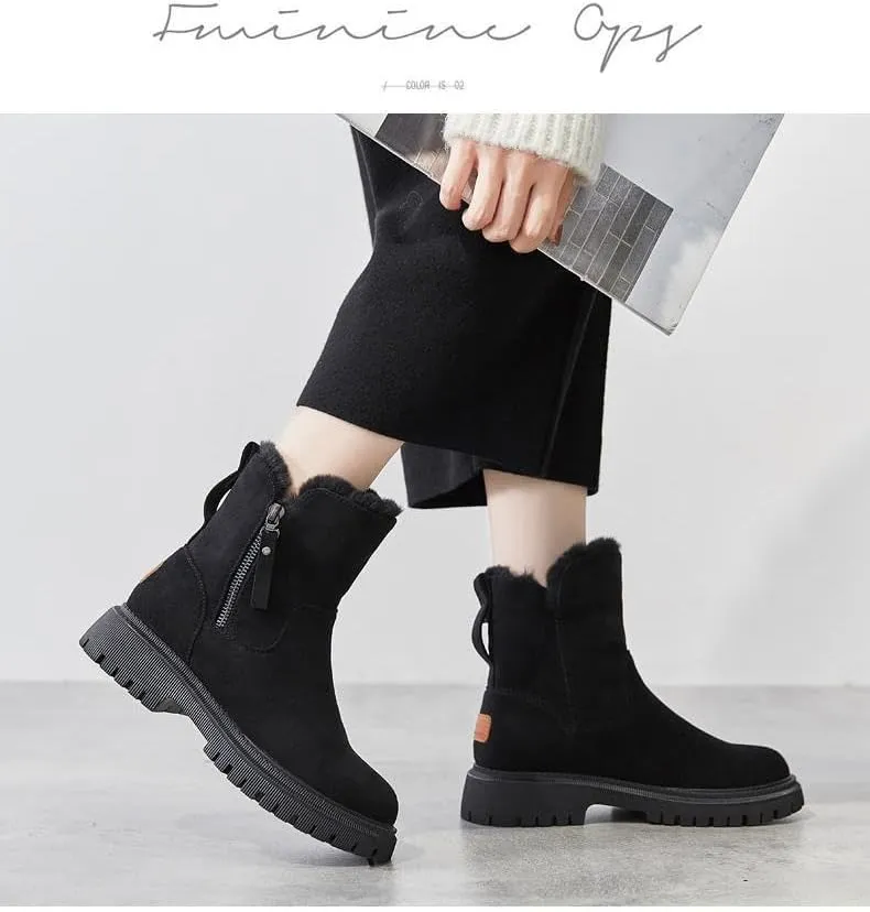 Women's Solid Color Fluffy Boots, Side Zipper Platform Soft Sole Plush Lined Winter Boots, Non-slip Warm Snow Boots