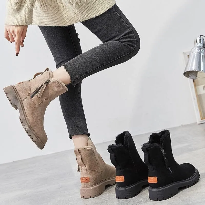 Women's Solid Color Fluffy Boots, Side Zipper Platform Soft Sole Plush Lined Winter Boots, Non-slip Warm Snow Boots