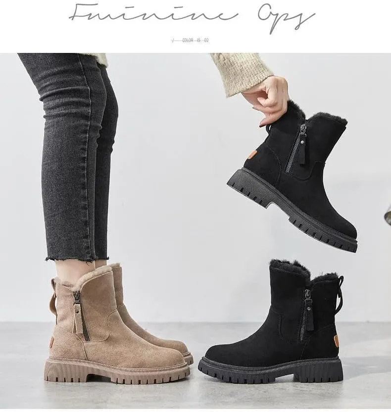 Women's Solid Color Fluffy Boots, Side Zipper Platform Soft Sole Plush Lined Winter Boots, Non-slip Warm Snow Boots