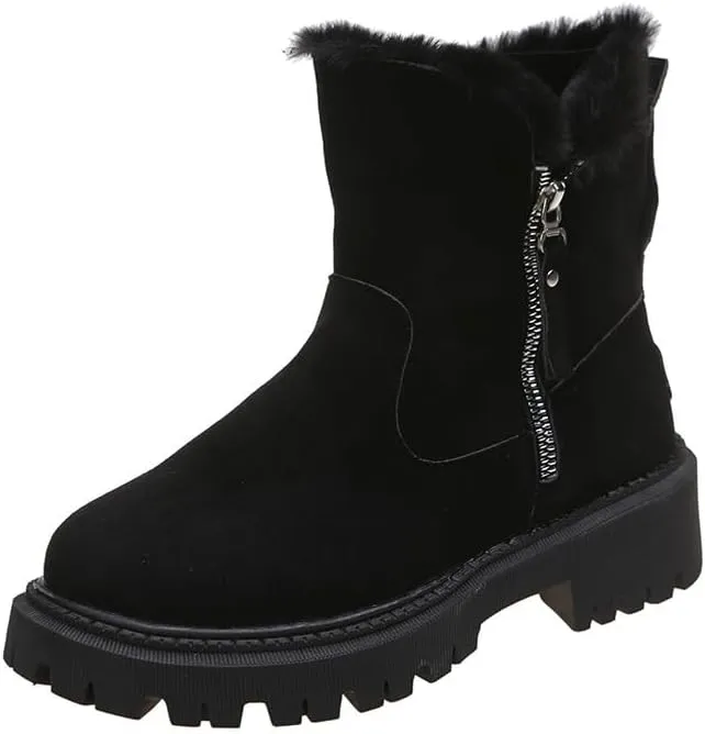 Women's Solid Color Fluffy Boots, Side Zipper Platform Soft Sole Plush Lined Winter Boots, Non-slip Warm Snow Boots