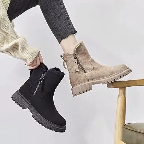 Women's Solid Color Fluffy Boots, Side Zipper Platform Soft Sole Plush Lined Winter Boots, Non-slip Warm Snow Boots