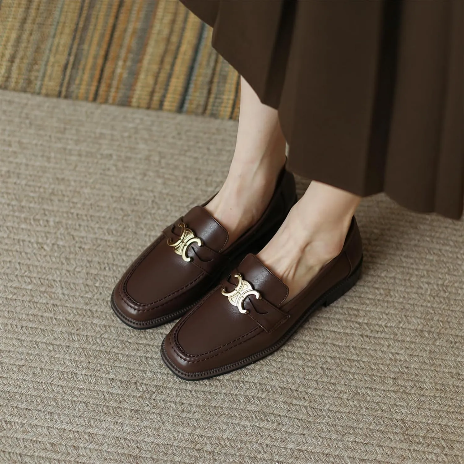 Women's Square Closed Toe Flats Loafers Pull-On Gold Metallic Comfortable Chunky Low Heel Office Cosplay Student Work Casual Comfortable Fashion Business Daily Wear Dress Shoes