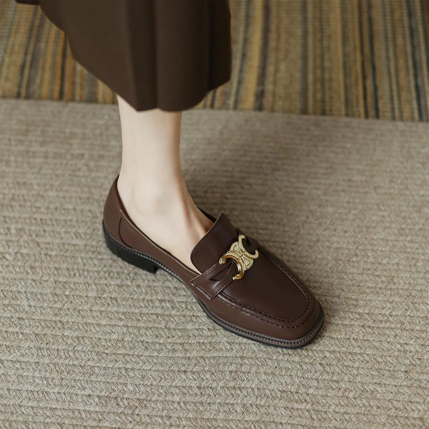 Women's Square Closed Toe Flats Loafers Pull-On Gold Metallic Comfortable Chunky Low Heel Office Cosplay Student Work Casual Comfortable Fashion Business Daily Wear Dress Shoes