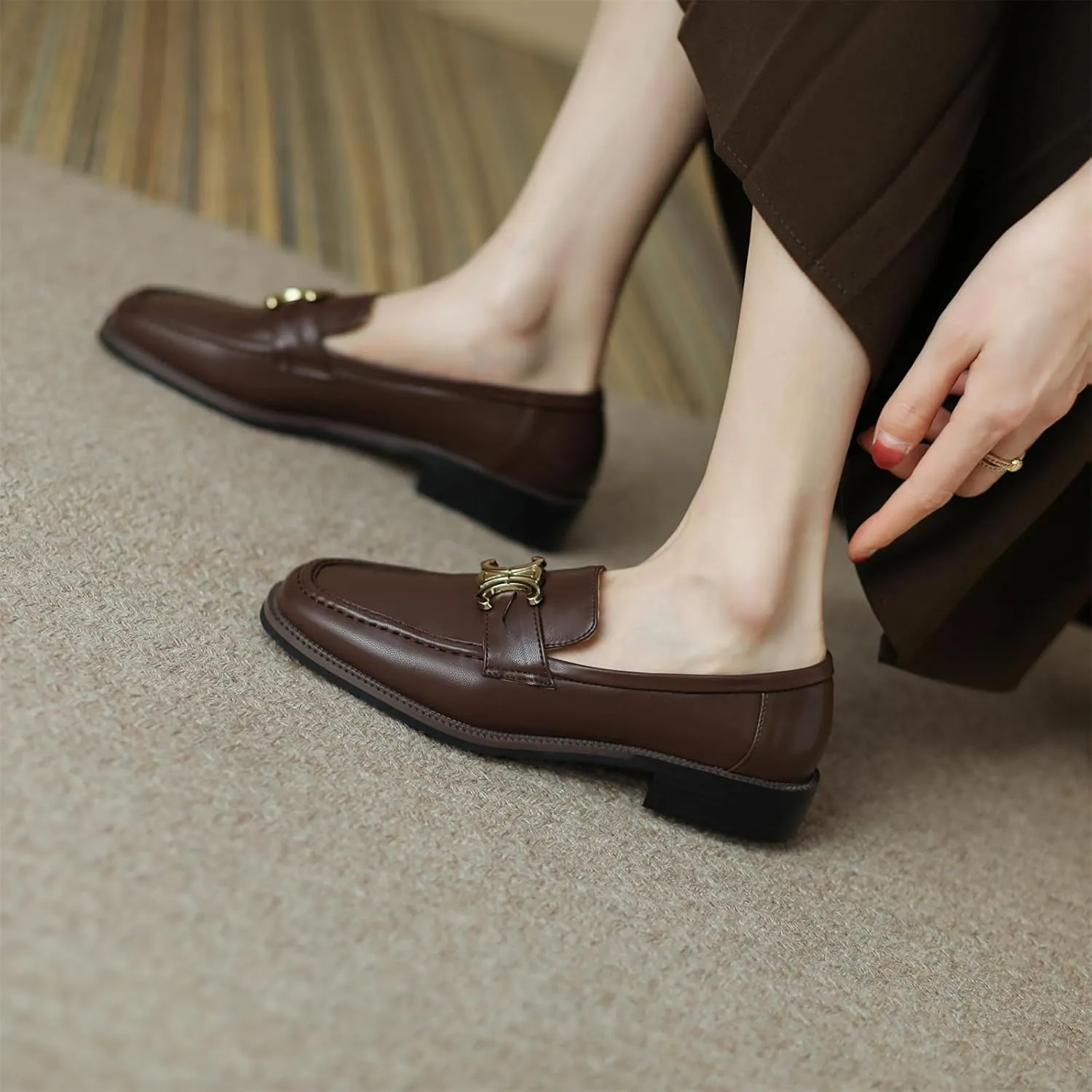 Women's Square Closed Toe Flats Loafers Pull-On Gold Metallic Comfortable Chunky Low Heel Office Cosplay Student Work Casual Comfortable Fashion Business Daily Wear Dress Shoes