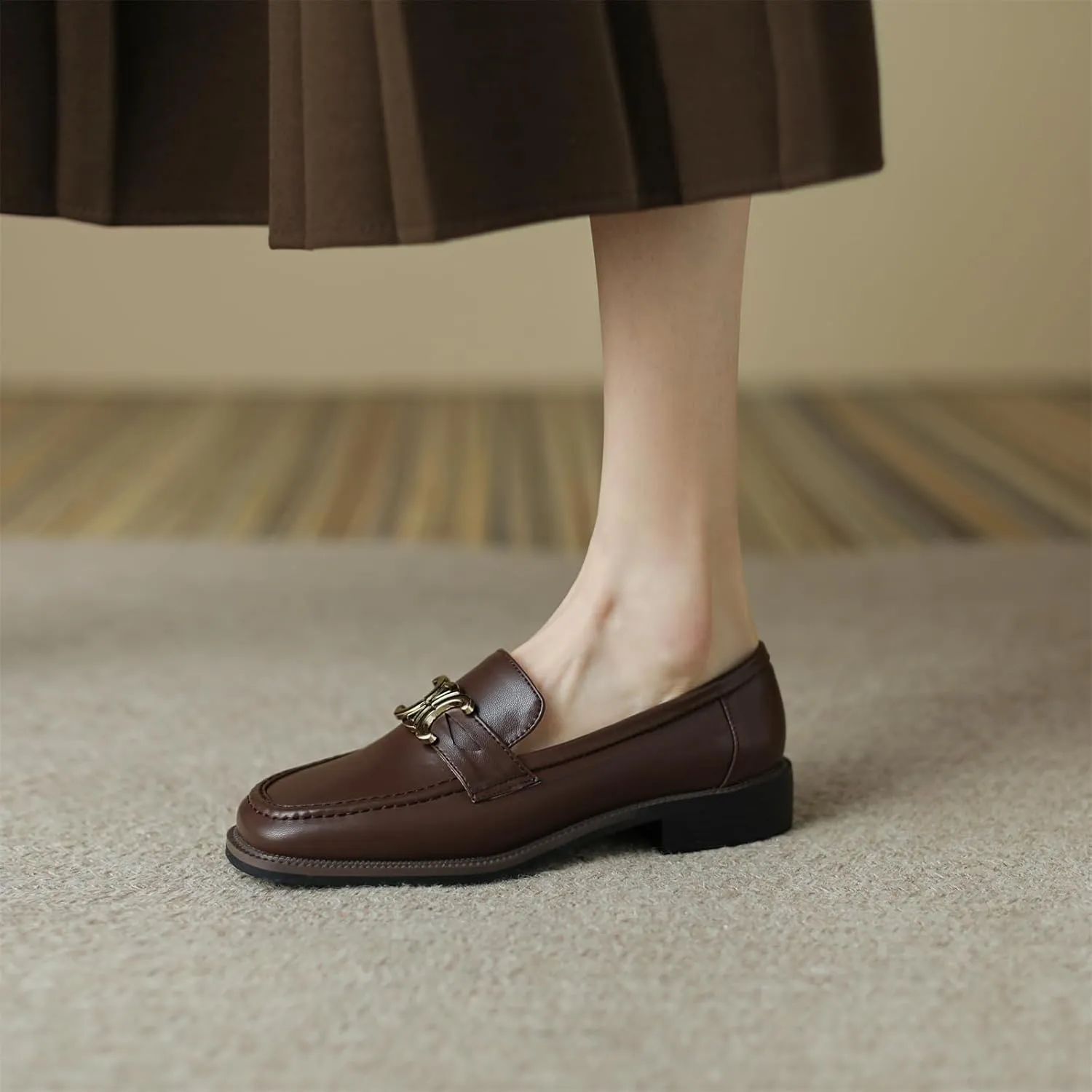 Women's Square Closed Toe Flats Loafers Pull-On Gold Metallic Comfortable Chunky Low Heel Office Cosplay Student Work Casual Comfortable Fashion Business Daily Wear Dress Shoes