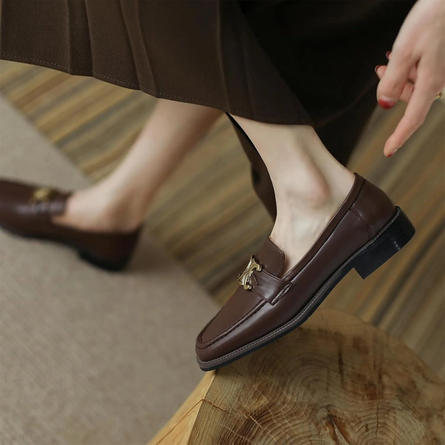 Women's Square Closed Toe Flats Loafers Pull-On Gold Metallic Comfortable Chunky Low Heel Office Cosplay Student Work Casual Comfortable Fashion Business Daily Wear Dress Shoes