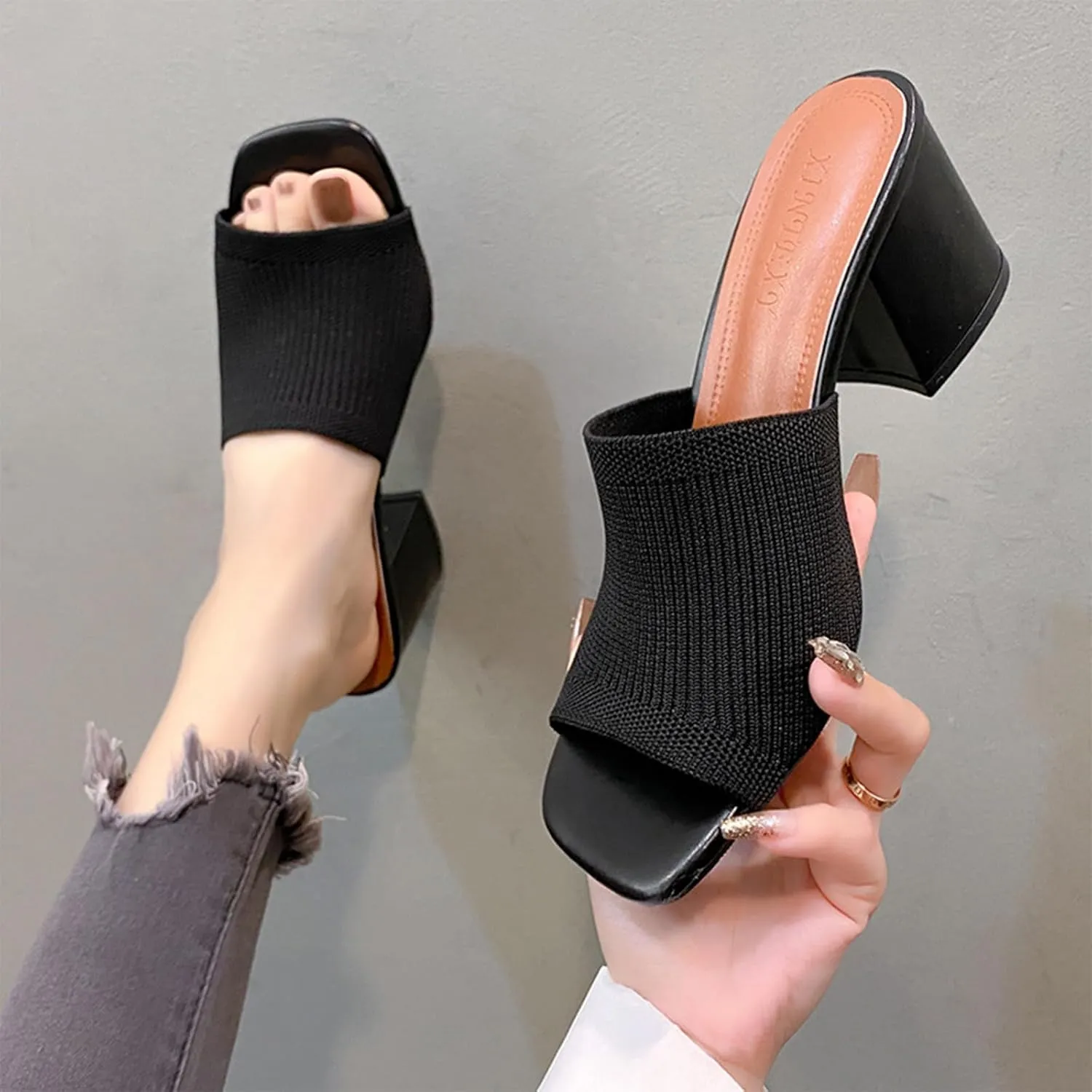 Women's Square Open Toe Knitted Mules Comfortable Breathable Slip On Chunky Block Heel Slide Sandals Dress Party Work Shoes